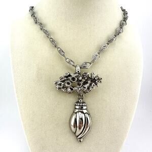 23” Rebecca Collins Vintage Silver Tone Flowers Drop Ornament Pendant Necklace